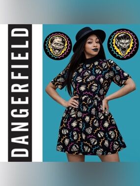 Dangerfield Black & Multicolor Bogeyman Print Mini Skater Dress, XXS, NWT!